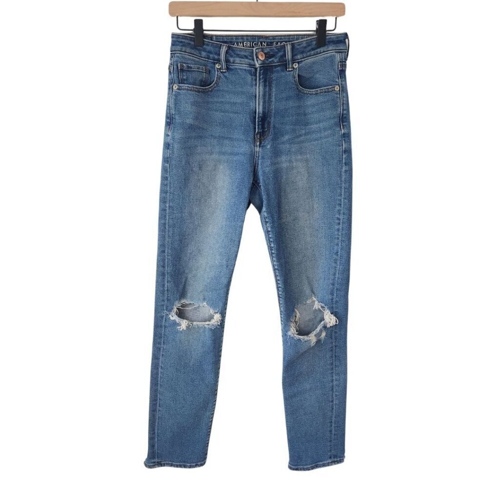 American Eagle Mom Jeans Light Wash Distressed High Rise Denim Jeans Women's 2